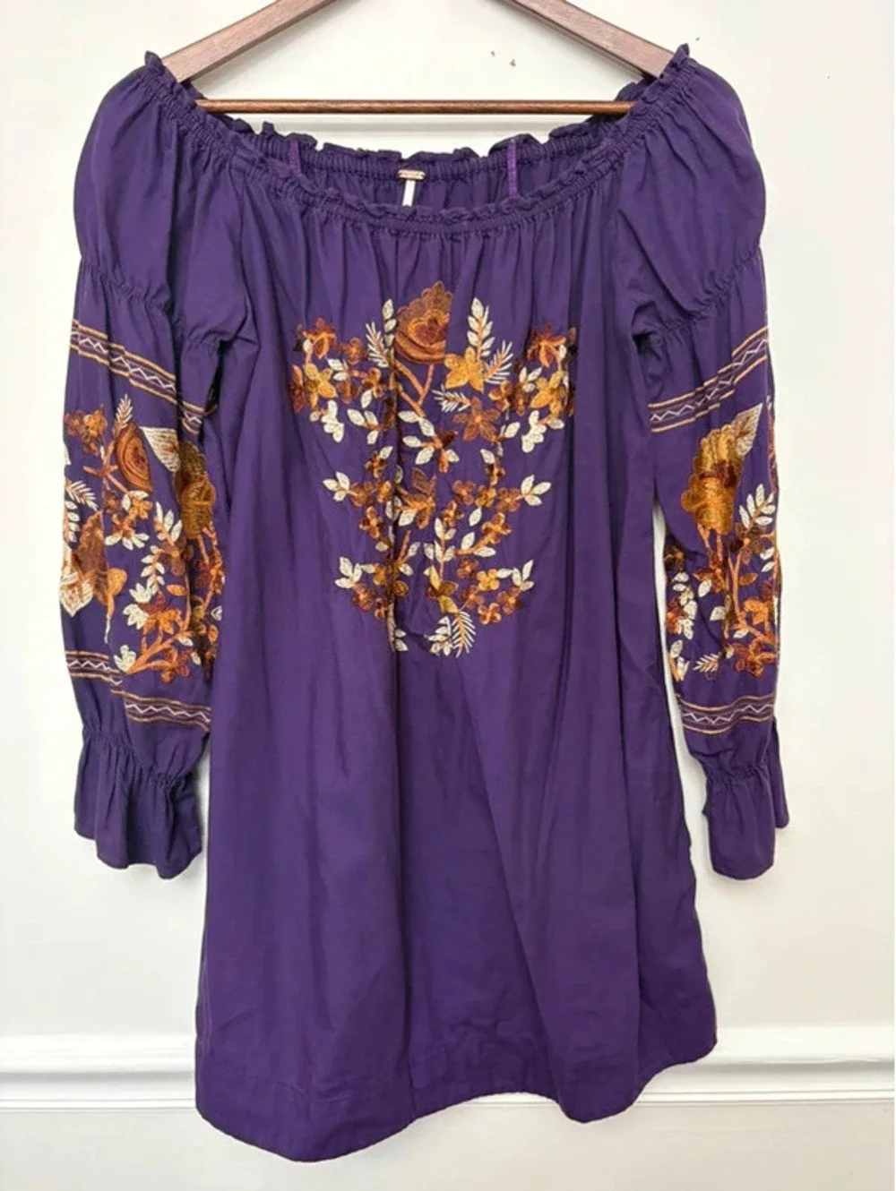 Free People Size S Purple Embroidered Off Shoulder Boho Mini Dress